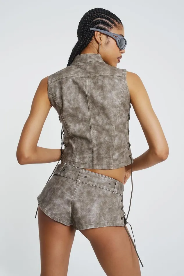 Women Lace Up Side Sleeveless PU Jacket Jaded London CoOrds