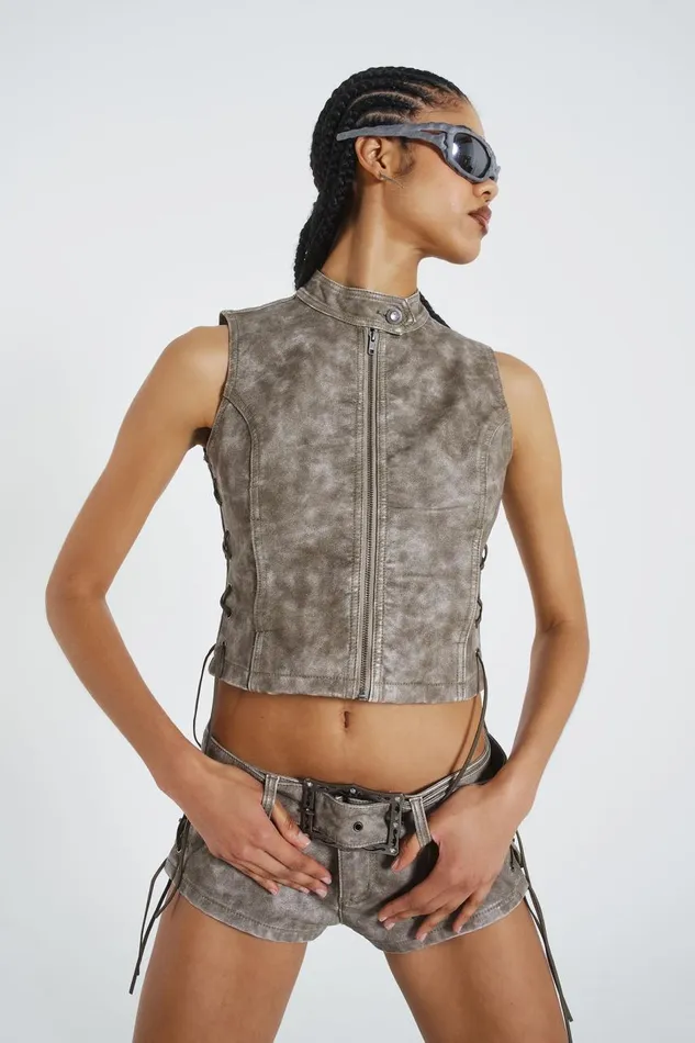 Women Lace Up Side Sleeveless PU Jacket Jaded London CoOrds