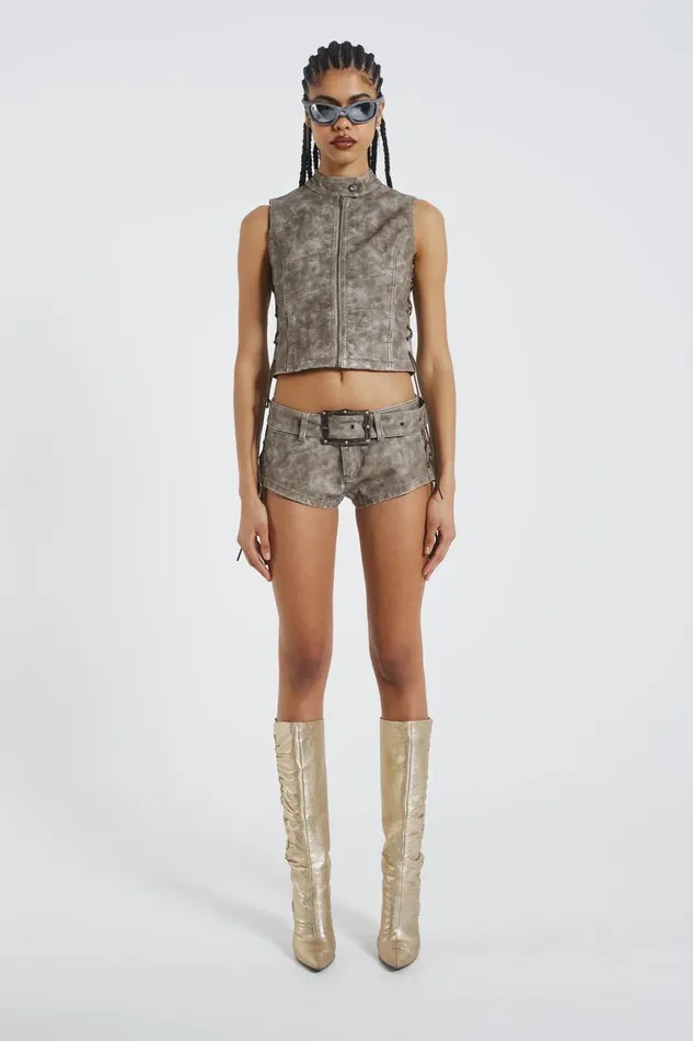 Women Lace Up Side Sleeveless PU Jacket Jaded London CoOrds