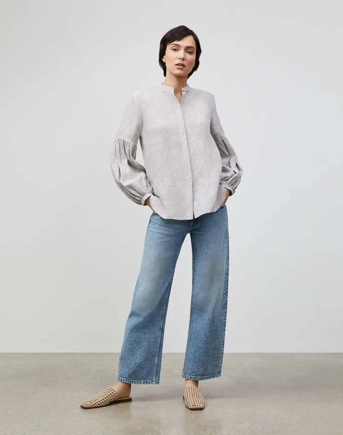 Women Lafayette 148 New York Blouses and Shirts Lilo Blouse In Illustrious Linen Mink Grey Melange