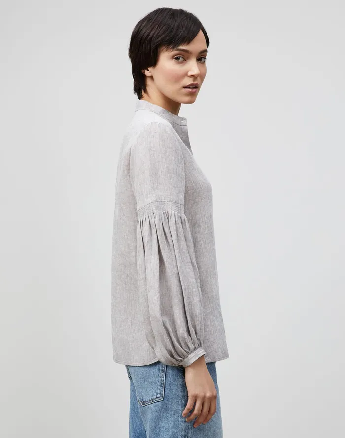 Women Lafayette 148 New York Blouses and Shirts Lilo Blouse In Illustrious Linen Mink Grey Melange