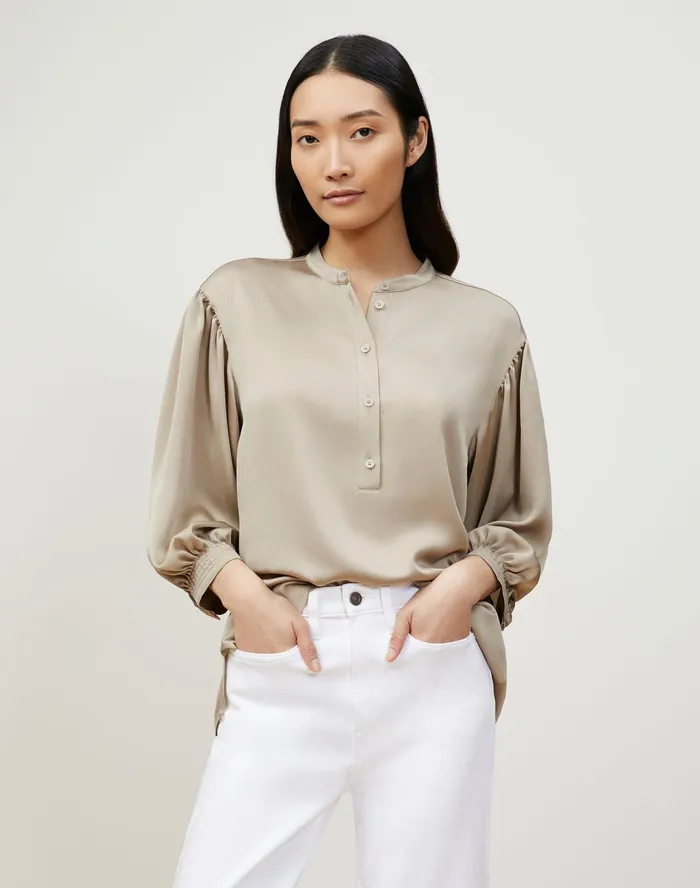 Women Lafayette 148 New York Blouses and Shirts Petite Skye Blouse In Carlisle Cloth Smoked Taupe Women Lafayette 148 New York Blouses and Shirts Petite Skye Blouse In Carlisle Cloth Smoked Taupe