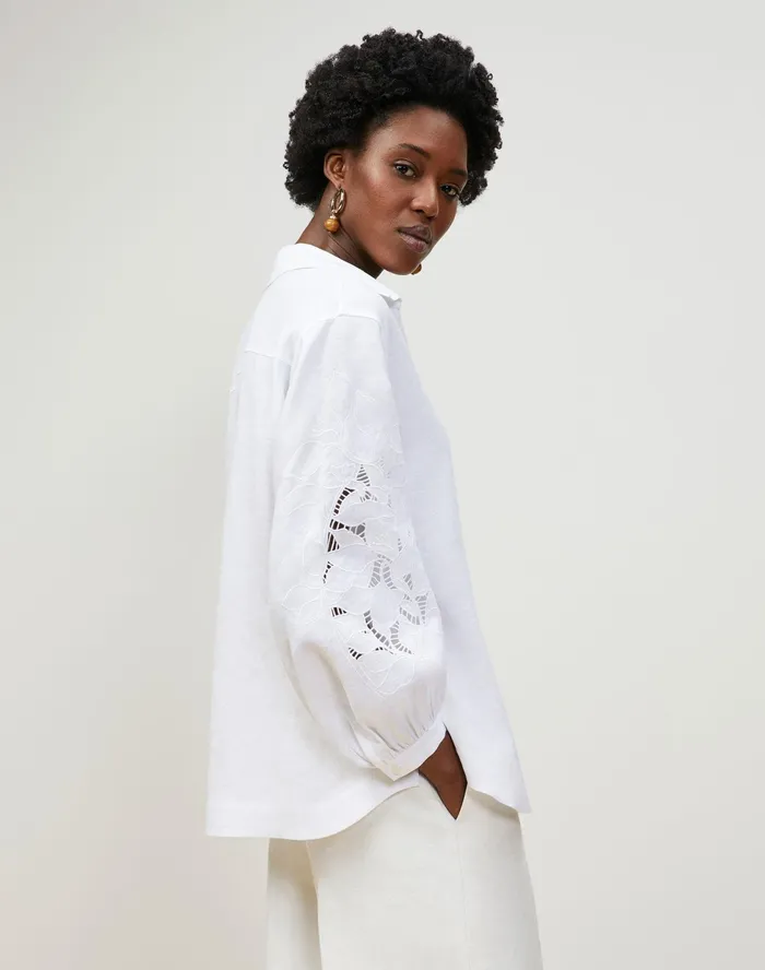 Women Lafayette 148 New York Blouses and Shirts PlusSize Parker Blouse In Embroidered Summer Linen White