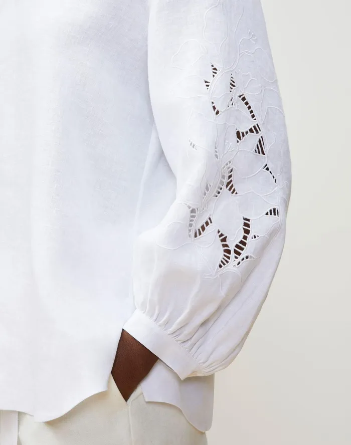 Women Lafayette 148 New York Blouses and Shirts PlusSize Parker Blouse In Embroidered Summer Linen White