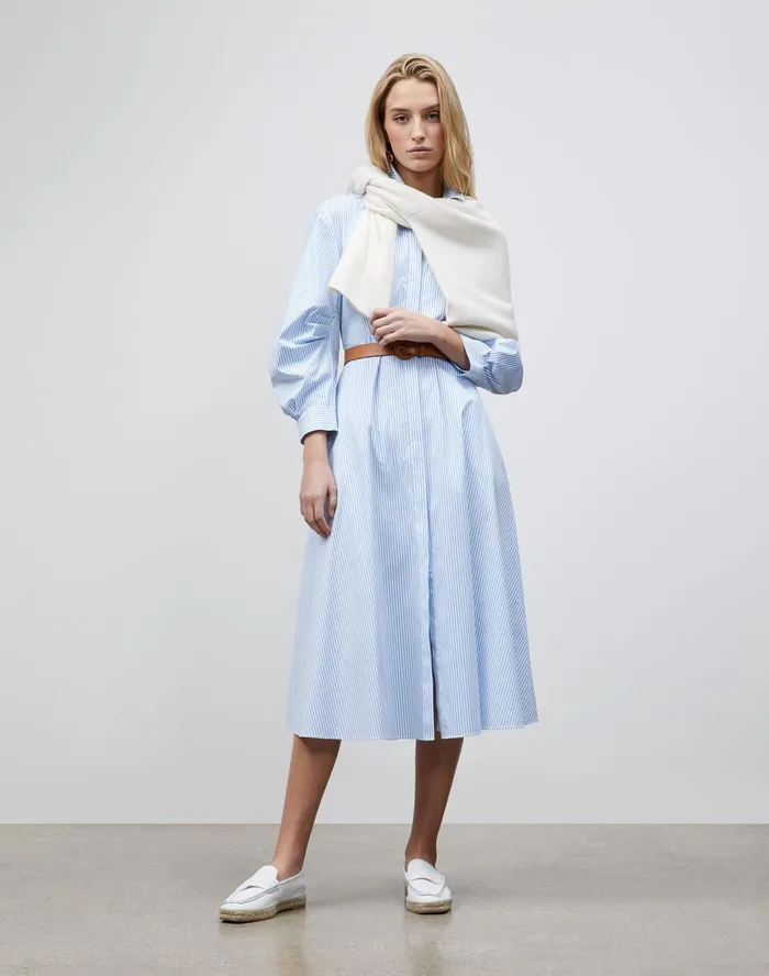 Women Lafayette 148 New York Dresses Cailyn Shirtdress In KindCotton Courtland Stripe Fresh Blue Multi