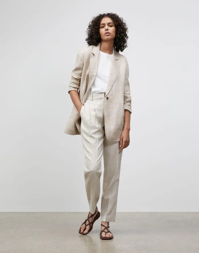 Women Lafayette 148 New York Jackets and Blazers Eaton Blazer In Italian Etched Linen Honeynut Multi