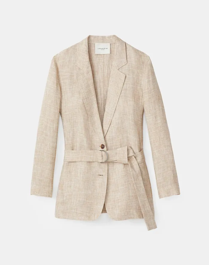 Women Lafayette 148 New York Jackets and Blazers Eaton Blazer In Italian Etched Linen Honeynut Multi