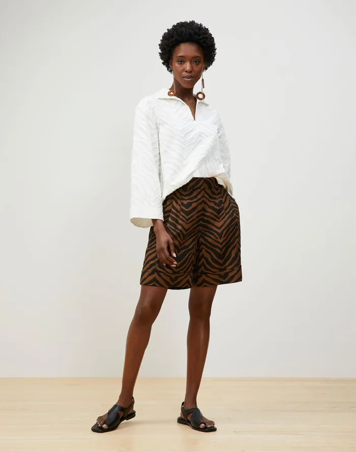 Women Lafayette 148 New York Pants and Shorts Ellis Pleated Short In Zevron Print Granular Weave Mahogany Multi