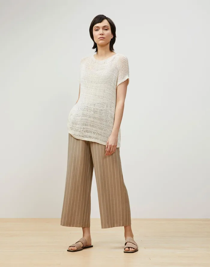 Women Lafayette 148 New York Pants and Shorts Riverside Cropped Pant In Pinstripe Italian LinenWool Sandstone Multi