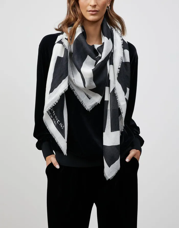 Women Lafayette 148 New York Scarves Reverse Chevron Icon Italian Cashmere Scarf Black Multi