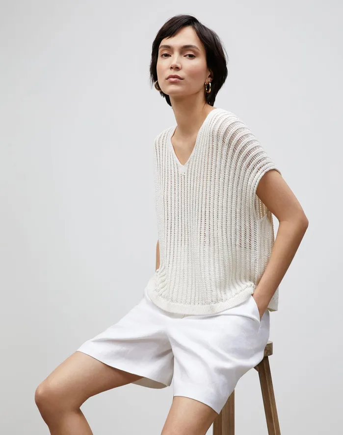 Women Lafayette 148 New York Sweaters Cotton Silk Tape Open Knit VNeck Sweater Cloud Women Lafayette 148 New York Sweaters Cotton Silk Tape Open Knit VNeck Sweater Cloud