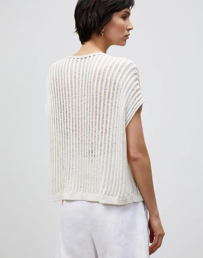 Women Lafayette 148 New York Sweaters Cotton Silk Tape Open Knit VNeck Sweater Cloud