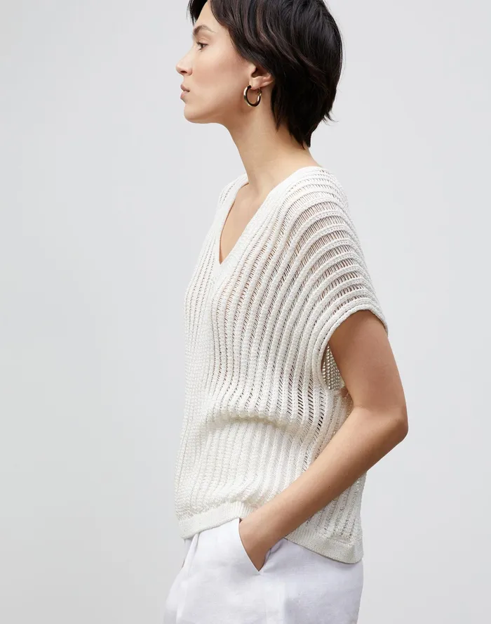 Women Lafayette 148 New York Sweaters Cotton Silk Tape Open Knit VNeck Sweater Cloud