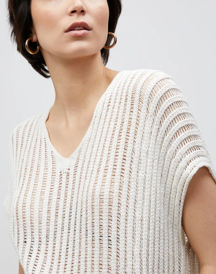 Women Lafayette 148 New York Sweaters Cotton Silk Tape Open Knit VNeck Sweater Cloud