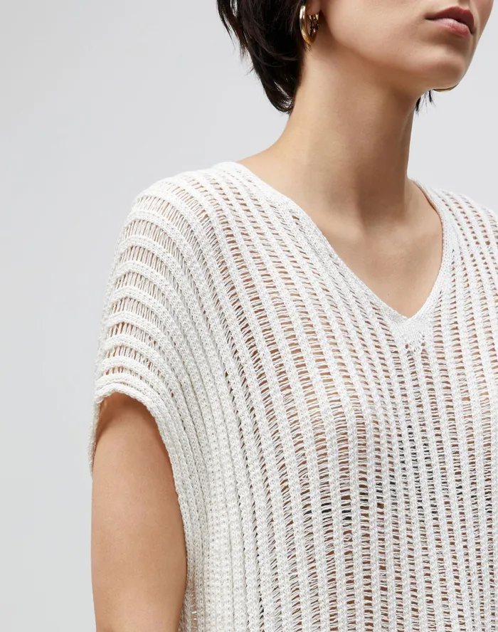 Women Lafayette 148 New York Sweaters Cotton Silk Tape Open Knit VNeck Sweater Cloud