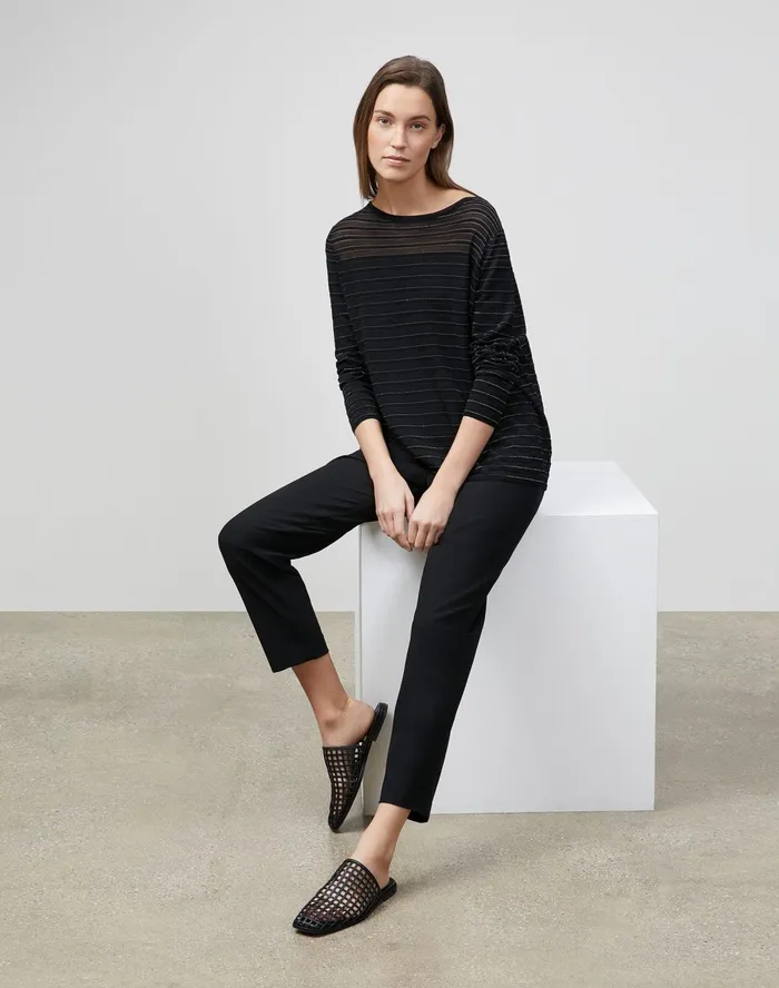 Women Lafayette 148 New York Sweaters Finespun Voile Striped Pullover Black Multi
