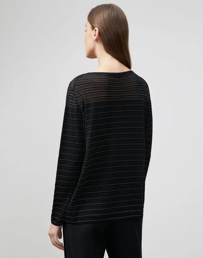 Women Lafayette 148 New York Sweaters Finespun Voile Striped Pullover Black Multi