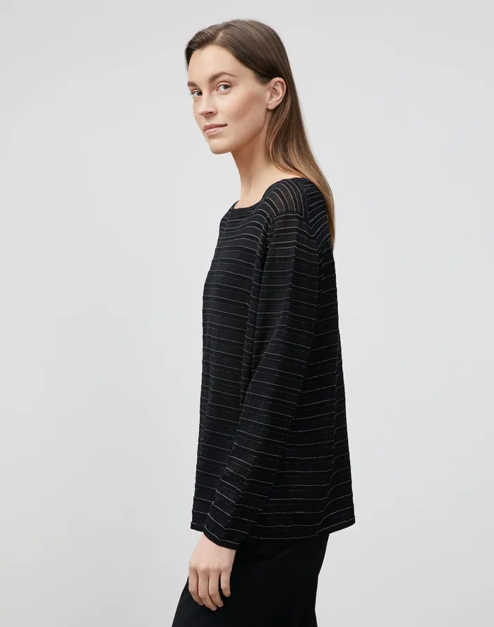 Women Lafayette 148 New York Sweaters Finespun Voile Striped Pullover Black Multi