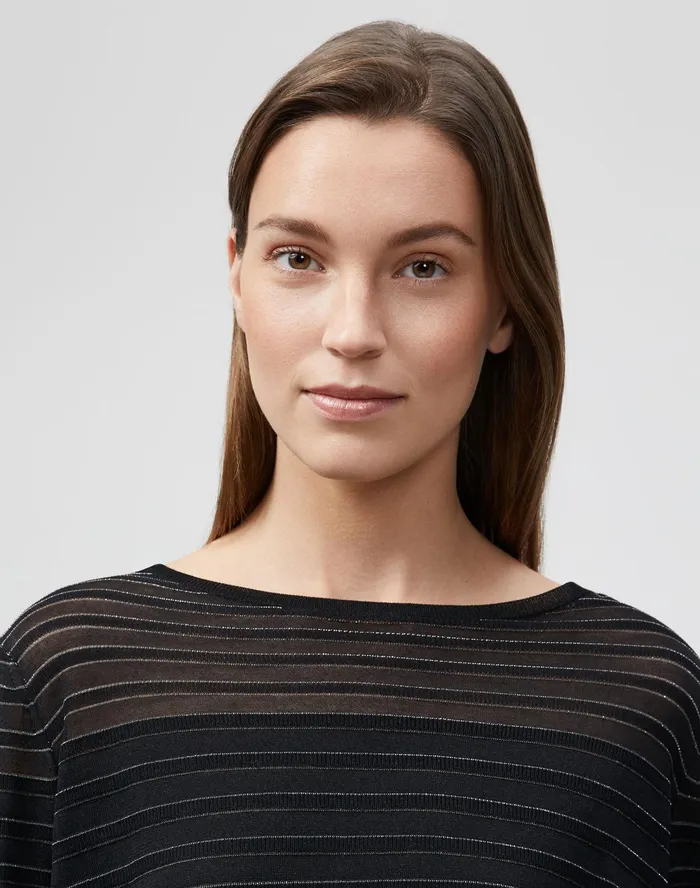 Women Lafayette 148 New York Sweaters Finespun Voile Striped Pullover Black Multi