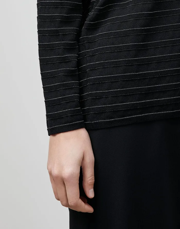 Women Lafayette 148 New York Sweaters Finespun Voile Striped Pullover Black Multi