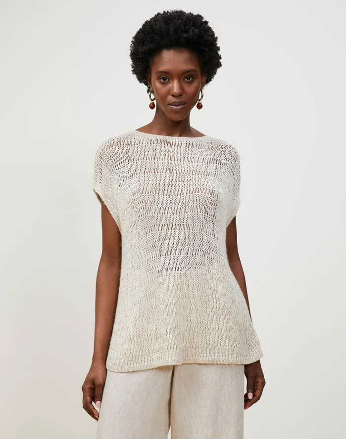 Women Lafayette 148 New York Sweaters Italian Alpaca Silk Lofty Open Stitch Bateau Neck Sweater Bisque Multi