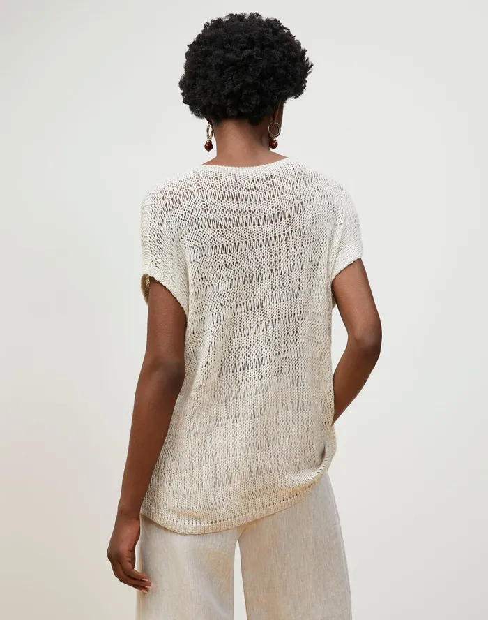 Women Lafayette 148 New York Sweaters Italian Alpaca Silk Lofty Open Stitch Bateau Neck Sweater Bisque Multi