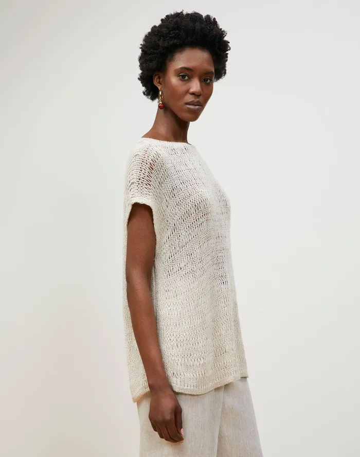 Women Lafayette 148 New York Sweaters Italian Alpaca Silk Lofty Open Stitch Bateau Neck Sweater Bisque Multi