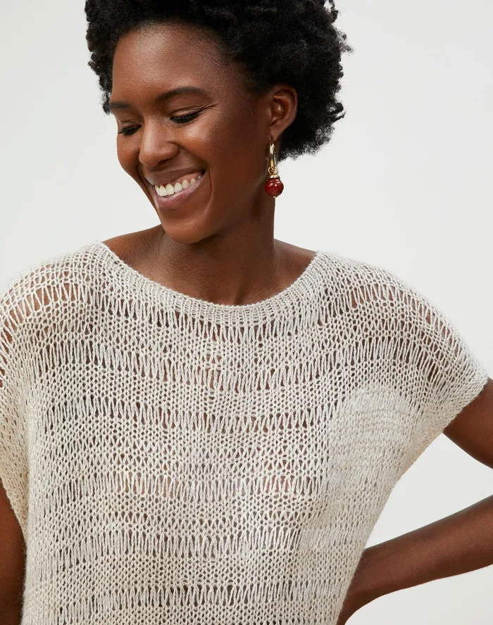 Women Lafayette 148 New York Sweaters Italian Alpaca Silk Lofty Open Stitch Bateau Neck Sweater Bisque Multi