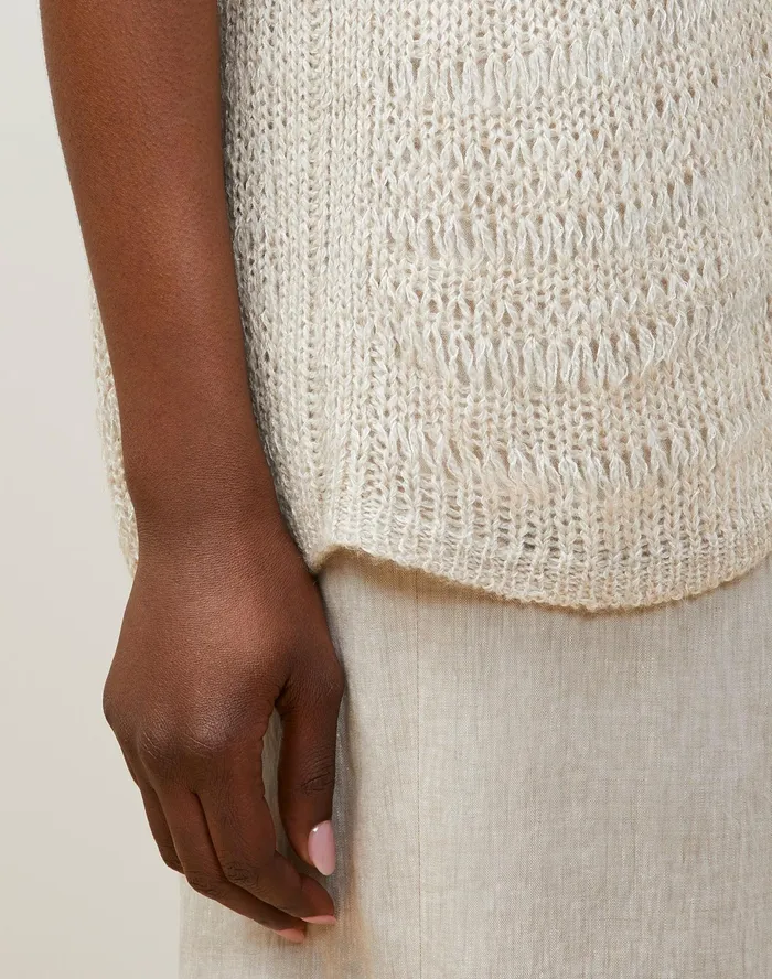 Women Lafayette 148 New York Sweaters Italian Alpaca Silk Lofty Open Stitch Bateau Neck Sweater Bisque Multi