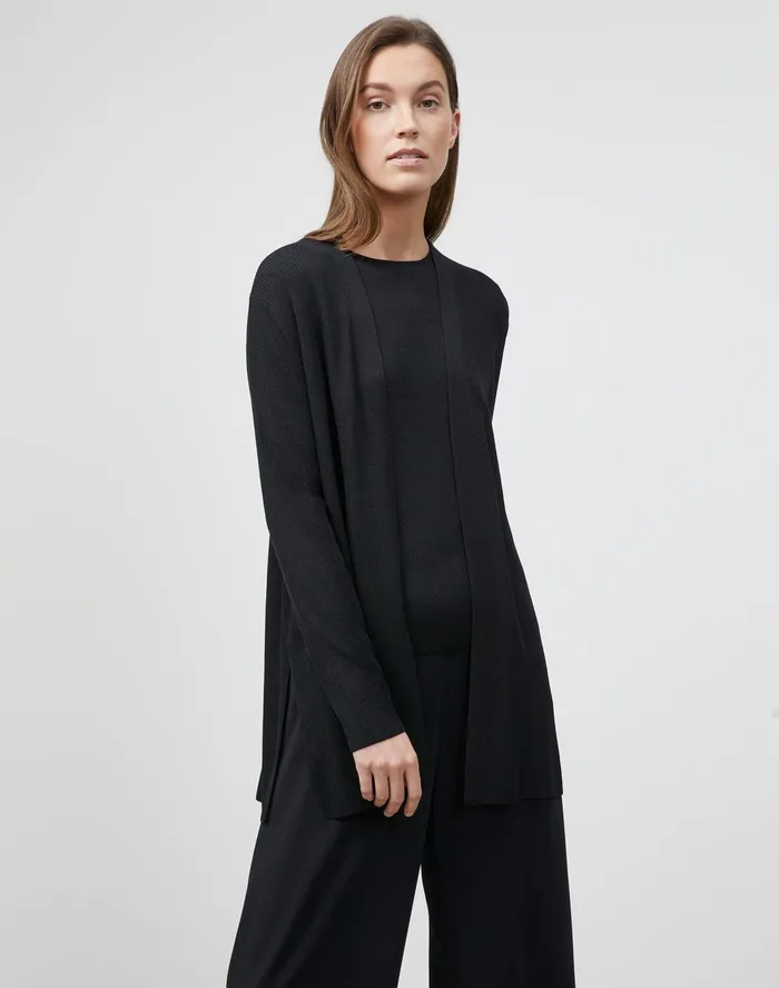 Women Lafayette 148 New York Sweaters Petite Finespun Voile Belted Rib Cardigan Black Women Lafayette 148 New York Sweaters Petite Finespun Voile Belted Rib Cardigan Black