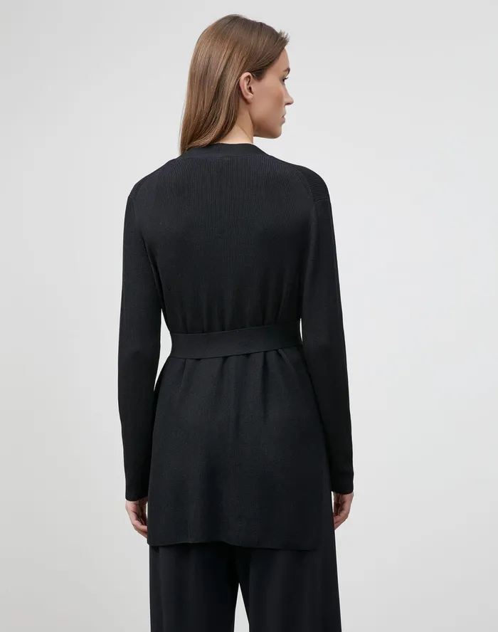 Women Lafayette 148 New York Sweaters Petite Finespun Voile Belted Rib Cardigan Black