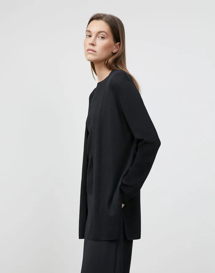 Women Lafayette 148 New York Sweaters Petite Finespun Voile Belted Rib Cardigan Black