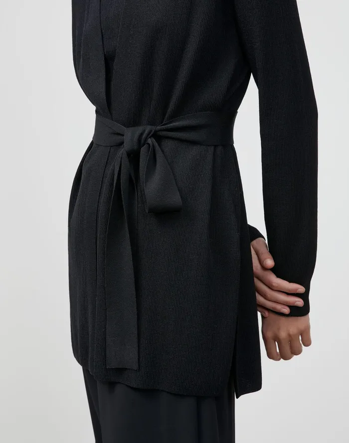 Women Lafayette 148 New York Sweaters Petite Finespun Voile Belted Rib Cardigan Black