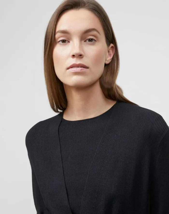 Women Lafayette 148 New York Sweaters Petite Finespun Voile Belted Rib Cardigan Black