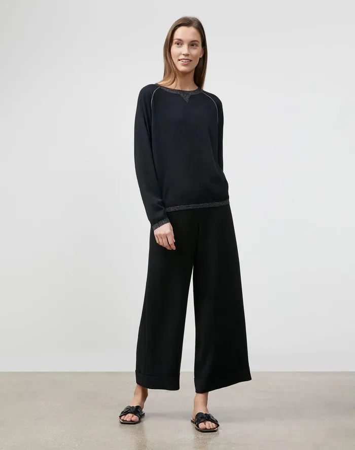 Women Lafayette 148 New York Sweaters Petite Matte Crepe Crewneck Sweater Black