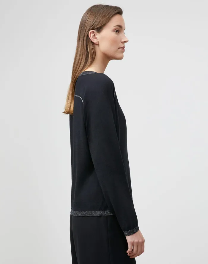 Women Lafayette 148 New York Sweaters Petite Matte Crepe Crewneck Sweater Black