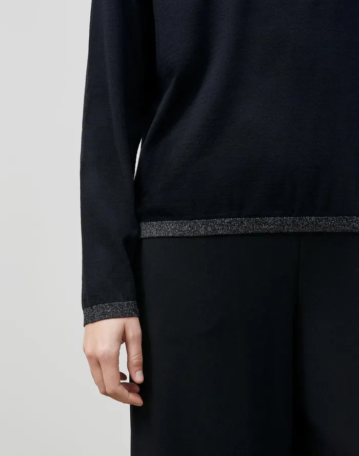 Women Lafayette 148 New York Sweaters Petite Matte Crepe Crewneck Sweater Black