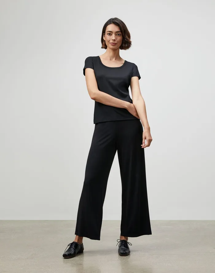 Women Lafayette 148 New York Tops and Tees Petite Swiss Cotton Rib Scoop Neck TShirt Black