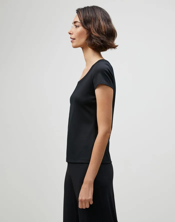 Women Lafayette 148 New York Tops and Tees Petite Swiss Cotton Rib Scoop Neck TShirt Black