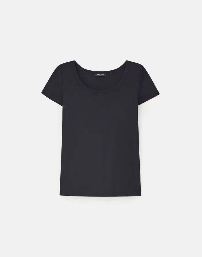 Women Lafayette 148 New York Tops and Tees Petite Swiss Cotton Rib Scoop Neck TShirt Black