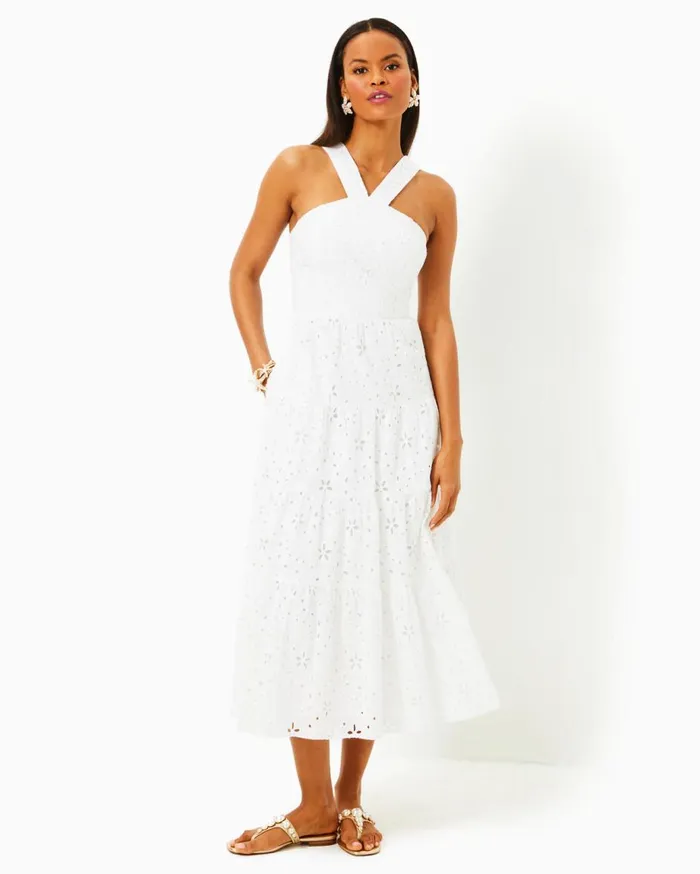 Women Lilly Pulitzer Dresses Jenette Halter Midi Dress Resort White Sealife Eyelet Women Lilly Pulitzer Dresses Jenette Halter Midi Dress Resort White Sealife Eyelet