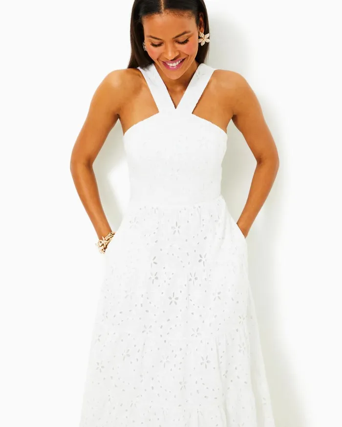 Women Lilly Pulitzer Dresses Jenette Halter Midi Dress Resort White Sealife Eyelet Women Lilly Pulitzer Dresses Jenette Halter Midi Dress Resort White Sealife Eyelet
