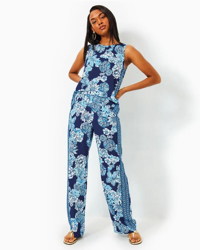 Women Lilly Pulitzer Tops Iona Sleeveless Top Low Tide Navy Bouquet All Day Engineered Woven Top Women Lilly Pulitzer Tops Iona Sleeveless Top Low Tide Navy Bouquet All Day Engineered Woven Top