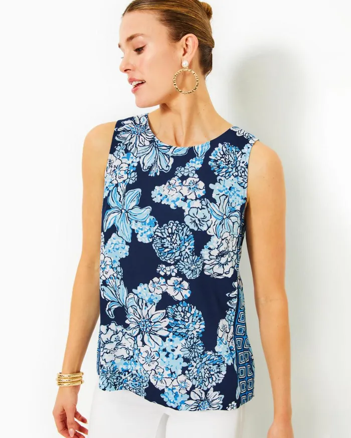 Women Lilly Pulitzer Tops Iona Sleeveless Top Low Tide Navy Bouquet All Day Engineered Woven Top Women Lilly Pulitzer Tops Iona Sleeveless Top Low Tide Navy Bouquet All Day Engineered Woven Top