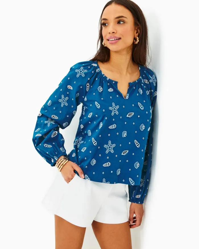 Women Lilly Pulitzer Tops Maisha Eyelet Top Barton Blue Shell Collector Embroidery Women Lilly Pulitzer Tops Maisha Eyelet Top Barton Blue Shell Collector Embroidery