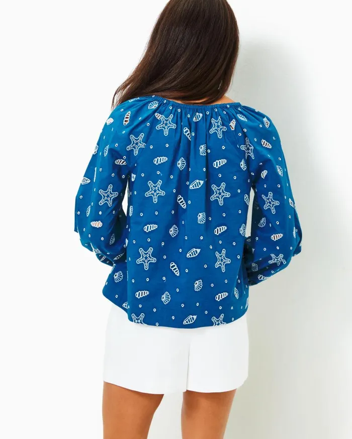 Women Lilly Pulitzer Tops Maisha Eyelet Top Barton Blue Shell Collector Embroidery Women Lilly Pulitzer Tops Maisha Eyelet Top Barton Blue Shell Collector Embroidery