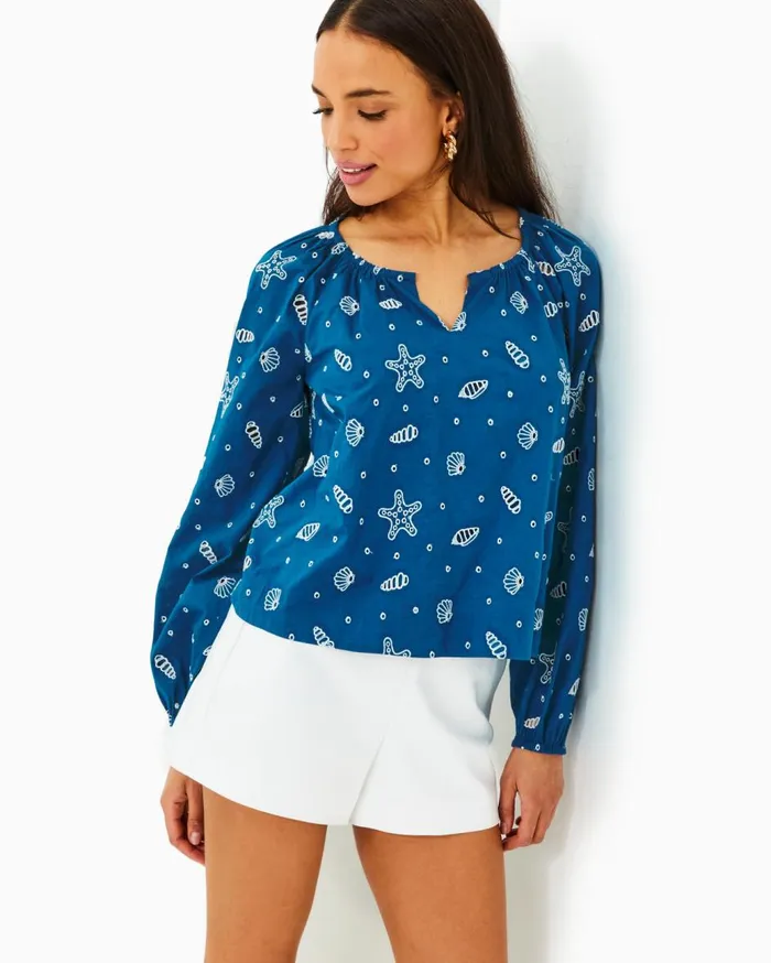 Women Lilly Pulitzer Tops Maisha Eyelet Top Barton Blue Shell Collector Embroidery Women Lilly Pulitzer Tops Maisha Eyelet Top Barton Blue Shell Collector Embroidery