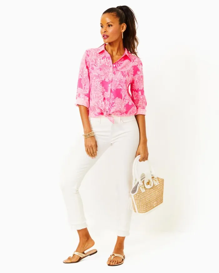 Women Lilly Pulitzer Tops Sea View Button Down Top Roxie Pink Pb Anniversary Toile Women Lilly Pulitzer Tops Sea View Button Down Top Roxie Pink Pb Anniversary Toile