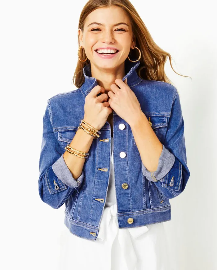 Women Lilly Pulitzer Tops Seaspray Denim Jacket Caribbean Blues Wash
