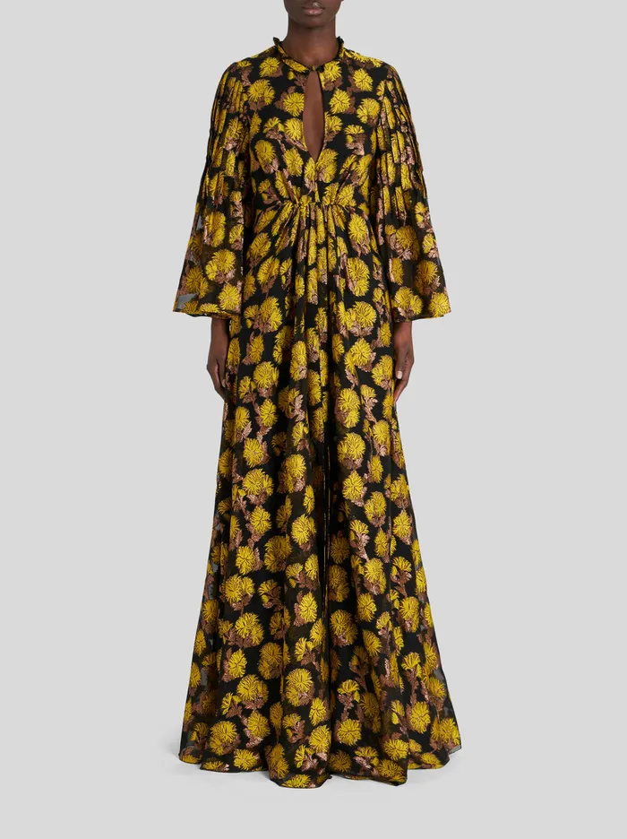 Women Long Pleated Dress With Dahlias Etro Dresses